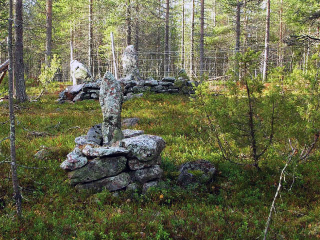 Kemin ja Tornion Lappien vanhan rajan rajapyykkejä Porkkavaarassa. Lapin kulttuuriympäristöt tutuksi -hanke 2007